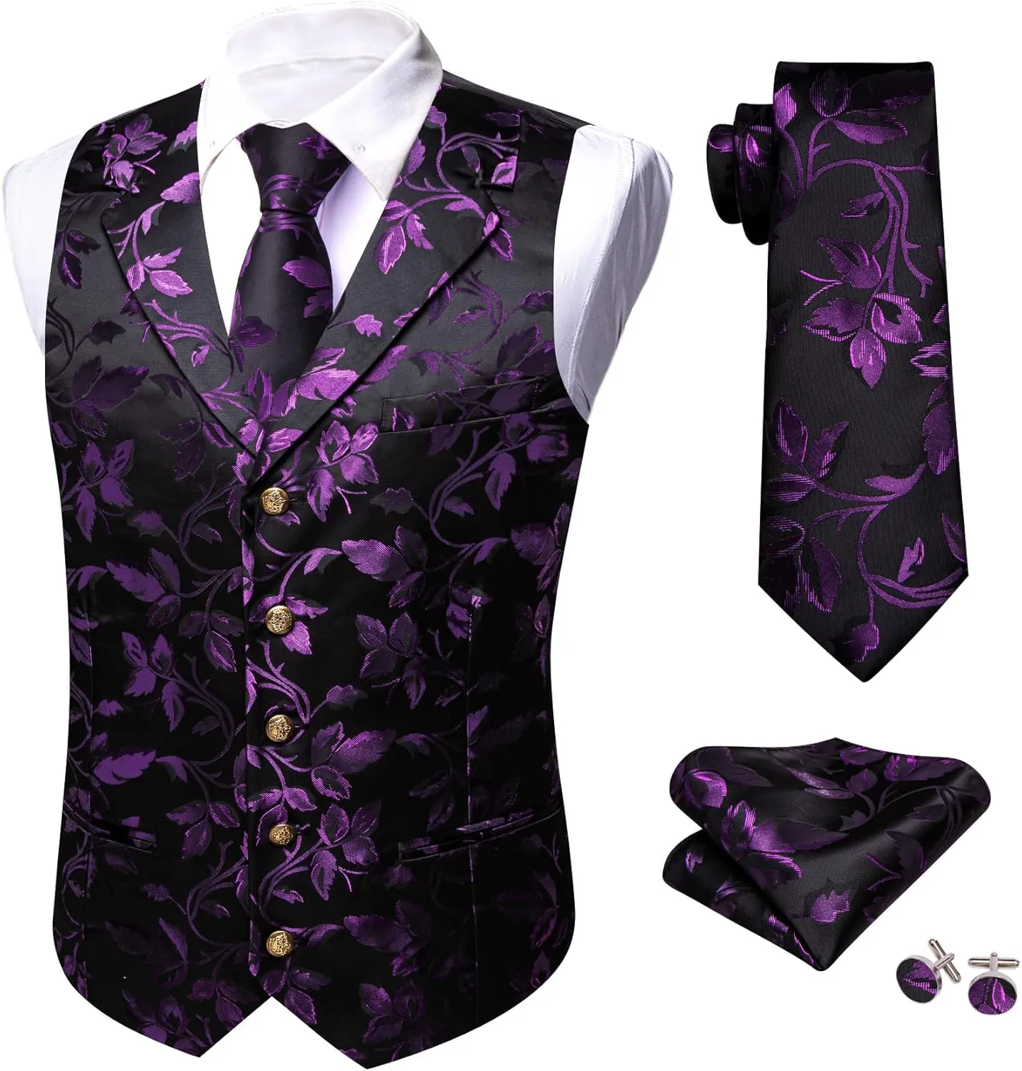 Barry.Wang Mens Silk Lapel/Shawl Collar Vest Tie Sleeve Holder Set Formal/Casual Paisley Vests Wedding Tuxedo Waistcoat