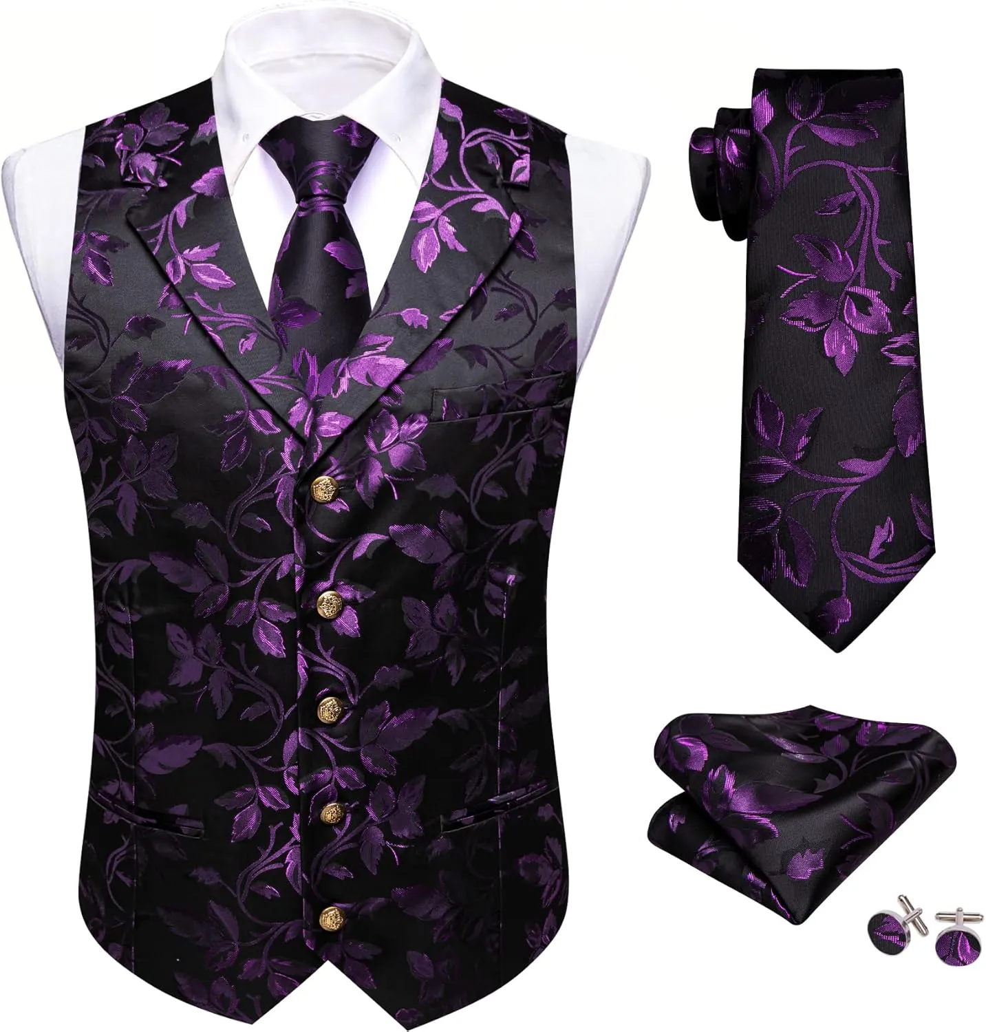 Barry.Wang Mens Silk Lapel/Shawl Collar Vest Tie Sleeve Holder Set Formal/Casual Paisley Vests Wedding Tuxedo Waistcoat