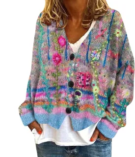 Cardigan Sweaters for Women Fall Casual Floral Printed Long Sleeve Button V-Neck Open Front Lightweight Loose Outwear
