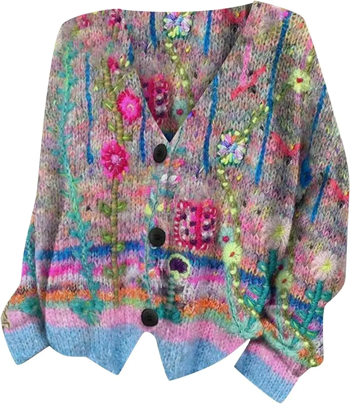 Cardigan Sweaters for Women Fall Casual Floral Printed Long Sleeve Button V-Neck Open Front Lightweight Loose Outwear