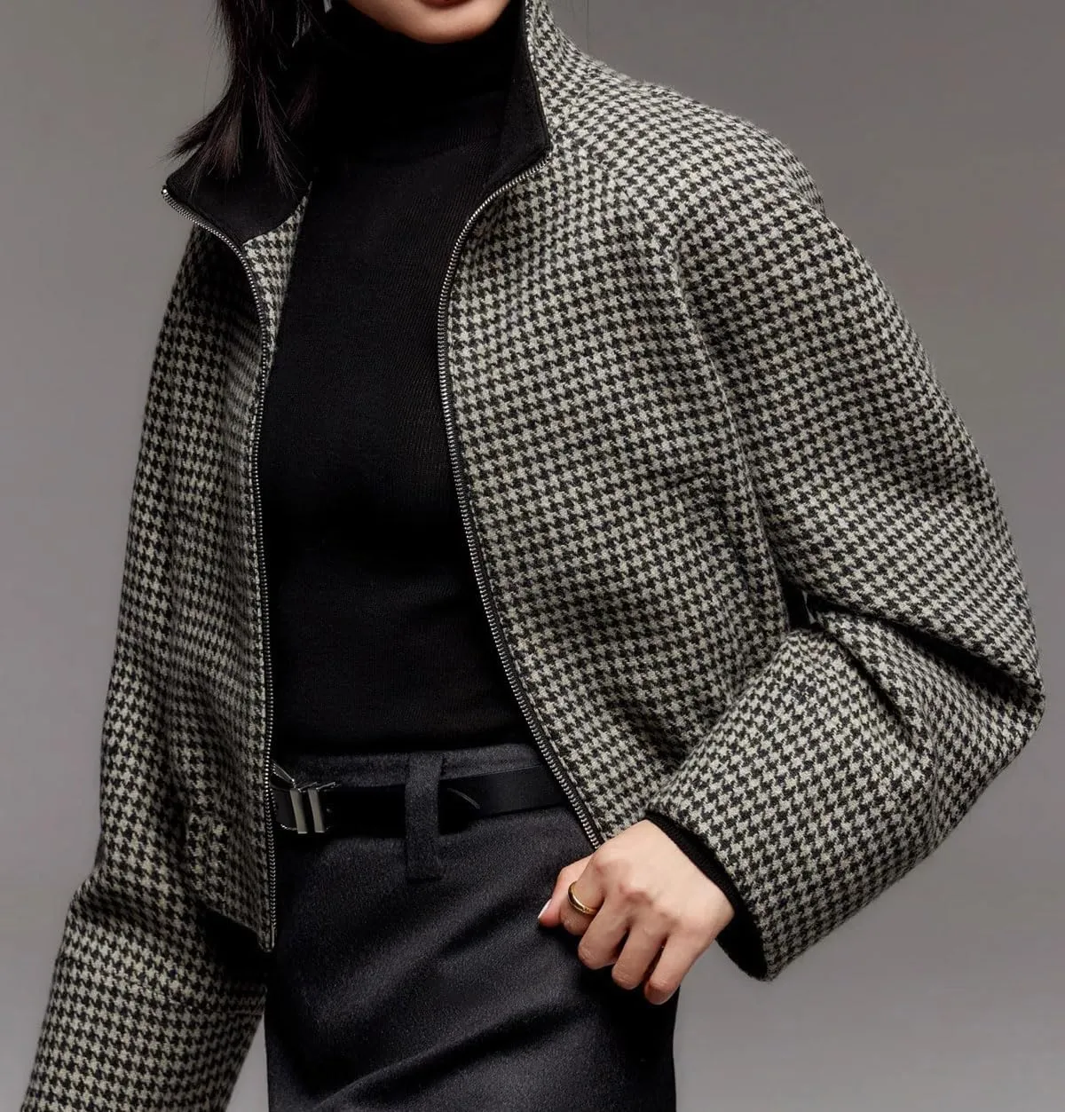 CHARTOU Women Cropped Wool Jacket Houndstooth Plaid Fall Winter Peacoat Outwear