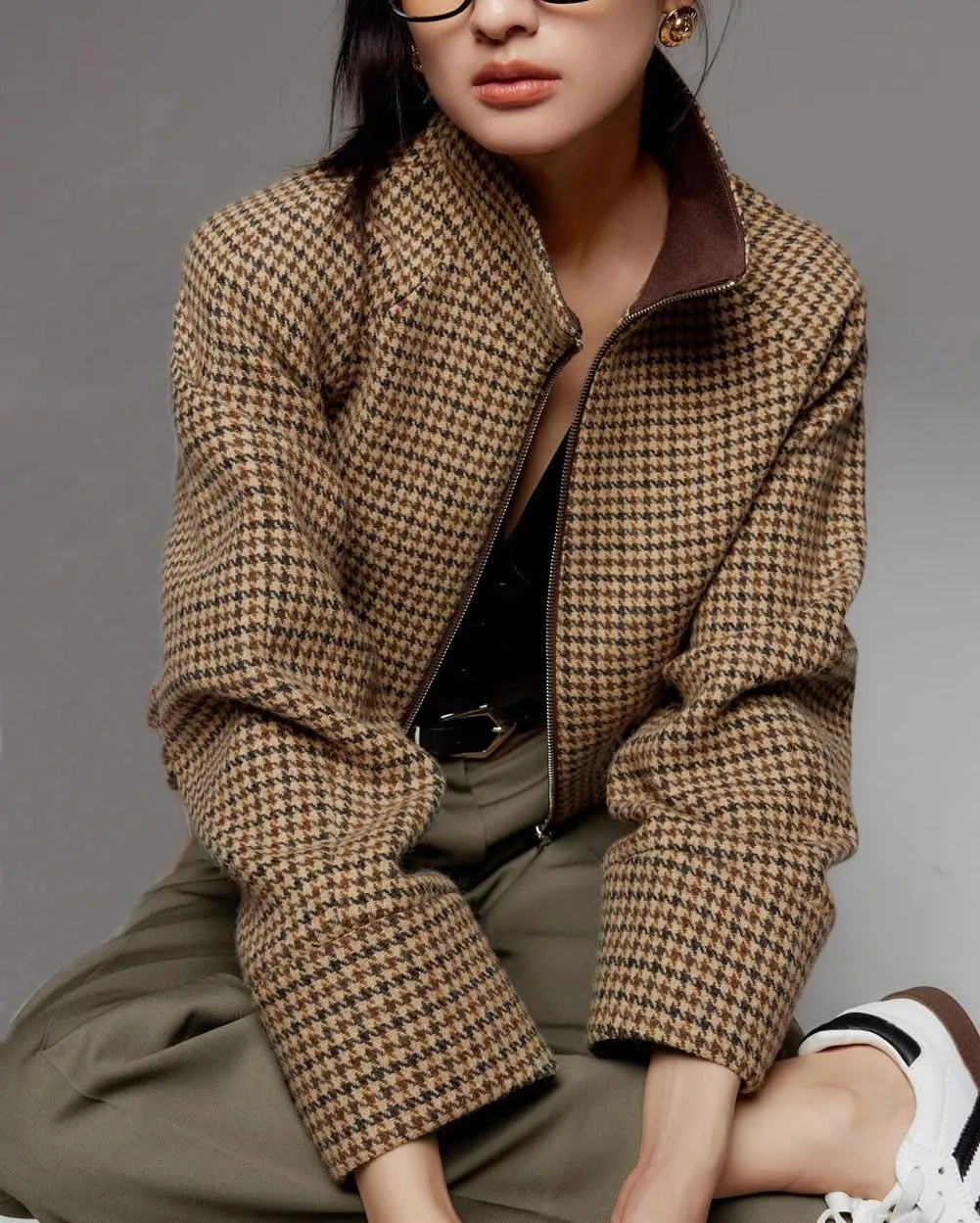 CHARTOU Women Cropped Wool Jacket Houndstooth Plaid Fall Winter Peacoat Outwear
