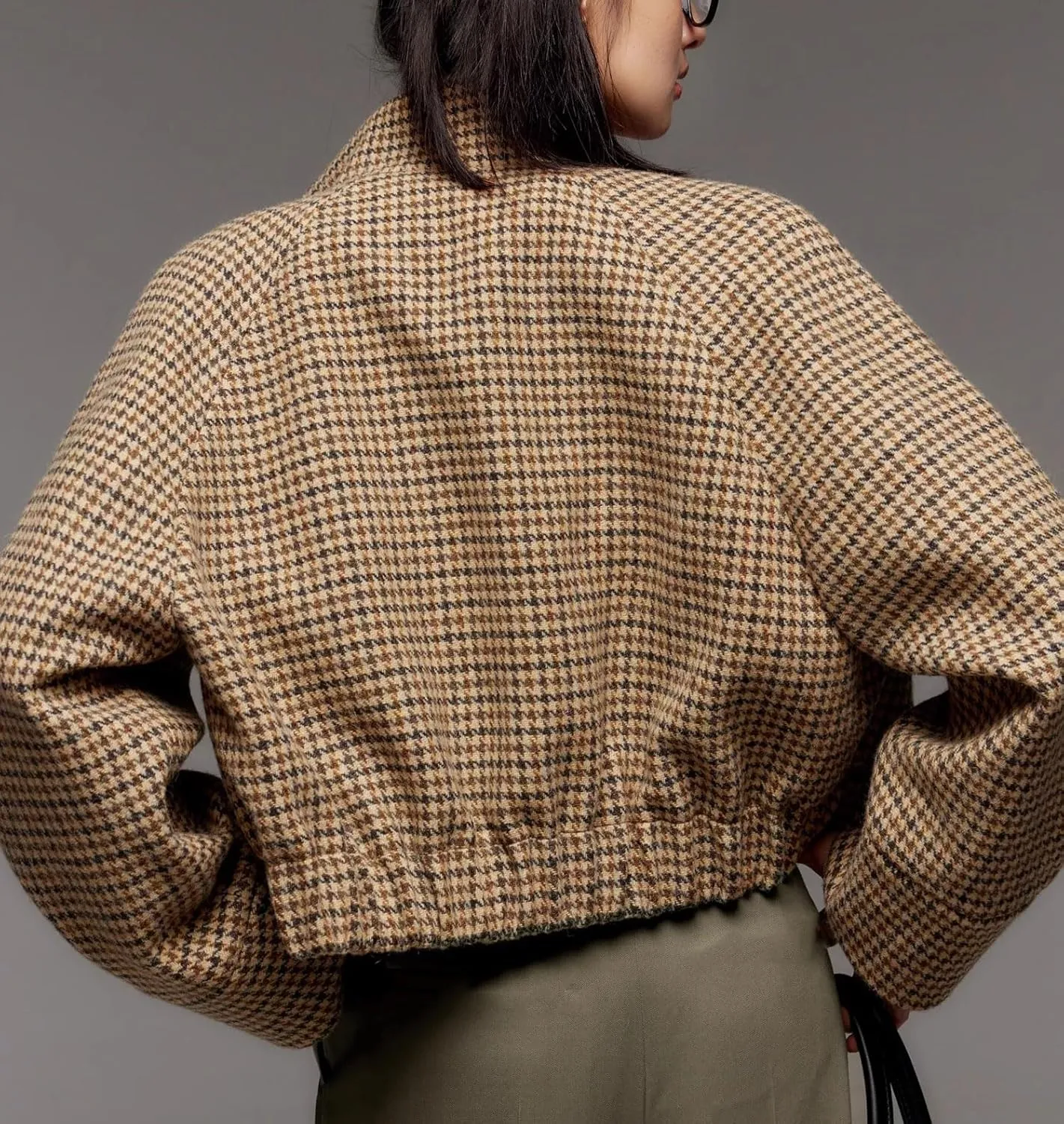 CHARTOU Women Cropped Wool Jacket Houndstooth Plaid Fall Winter Peacoat Outwear