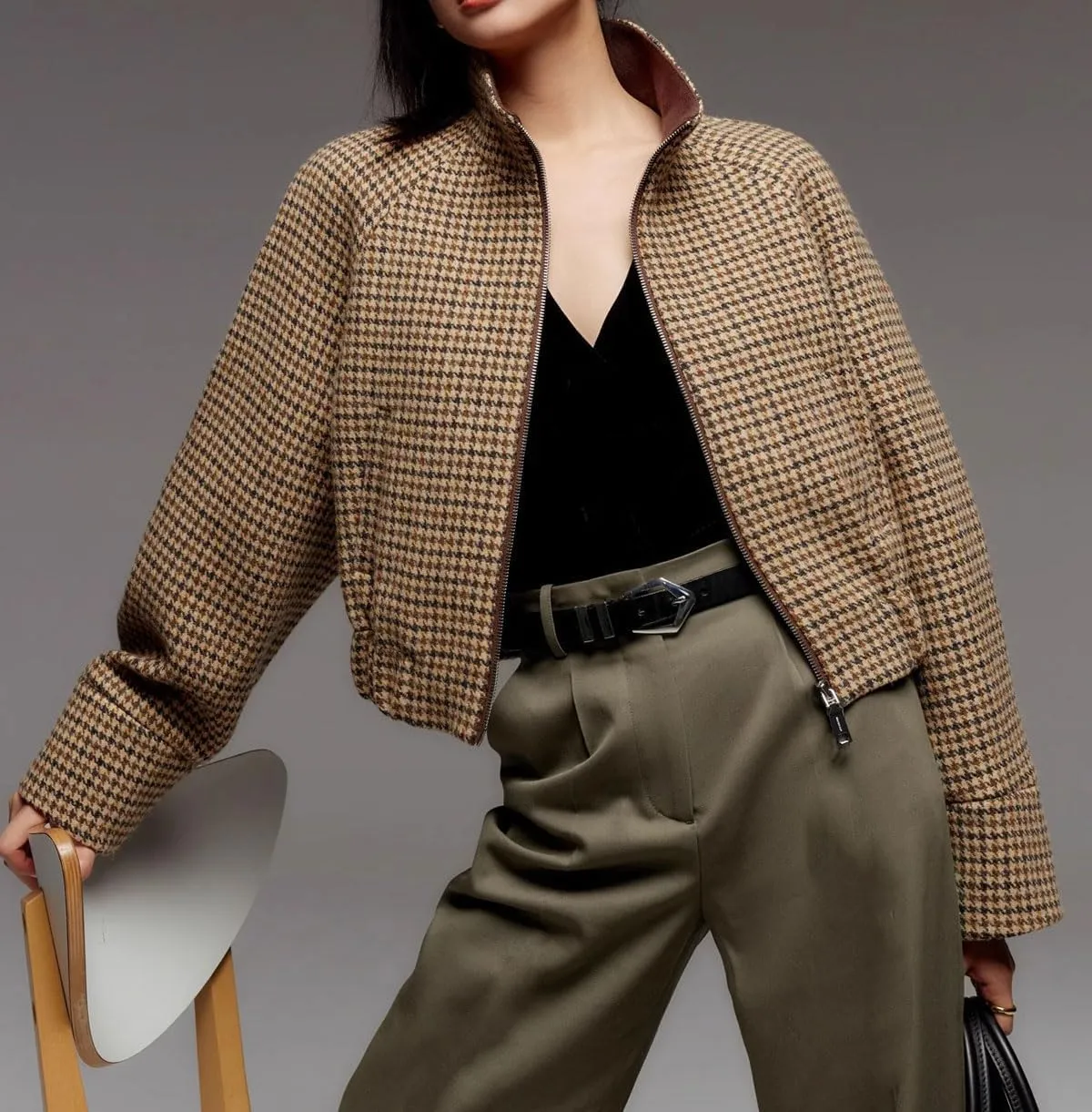 CHARTOU Women Cropped Wool Jacket Houndstooth Plaid Fall Winter Peacoat Outwear