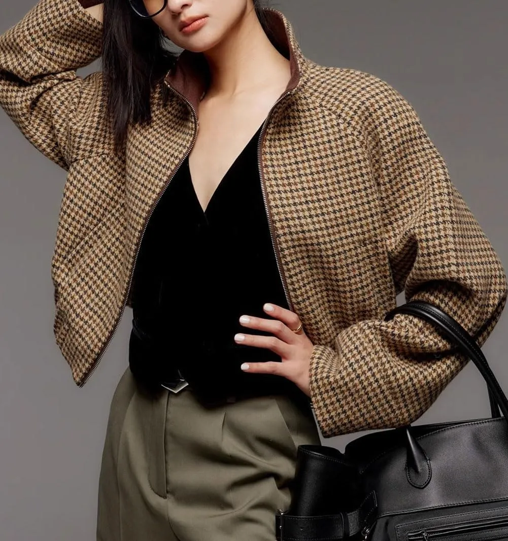 CHARTOU Women Cropped Wool Jacket Houndstooth Plaid Fall Winter Peacoat Outwear