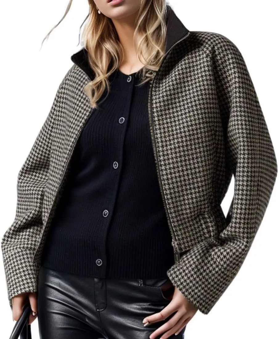CHARTOU Women Cropped Wool Jacket Houndstooth Plaid Fall Winter Peacoat Outwear
