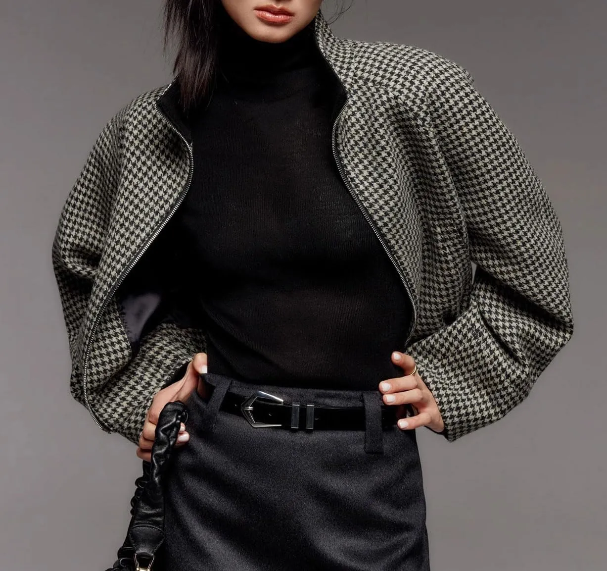 CHARTOU Women Cropped Wool Jacket Houndstooth Plaid Fall Winter Peacoat Outwear