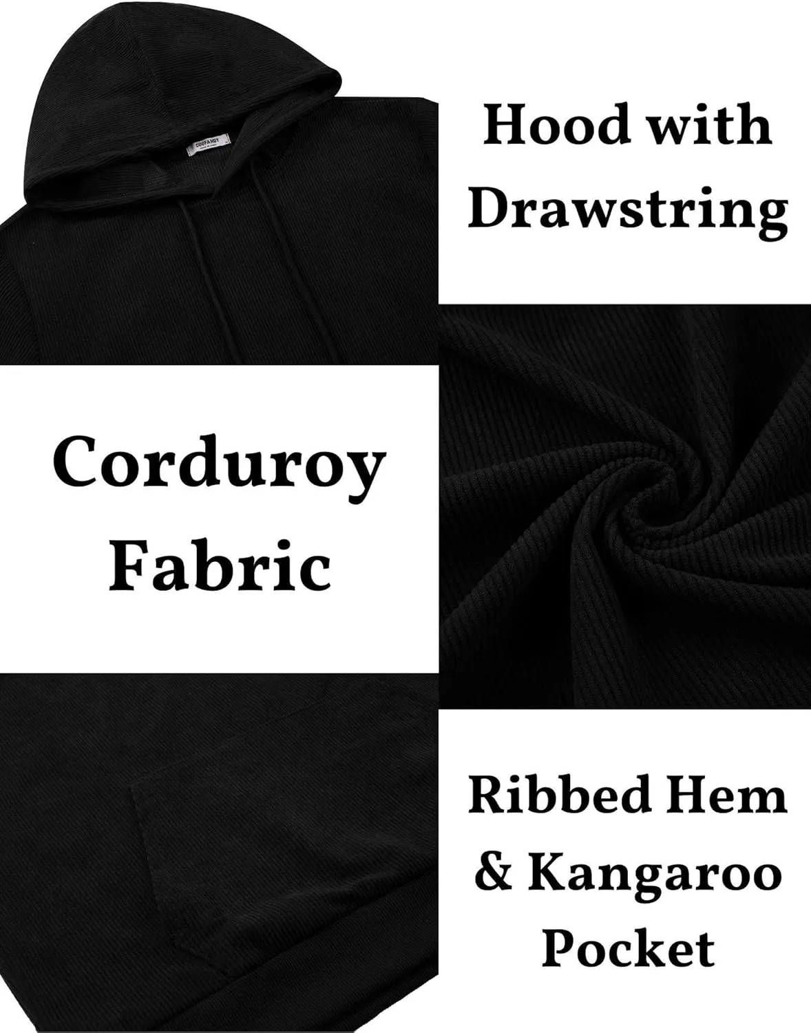 COOFANDY Mens Hooded Sweatshirt Long Sleeve Casual Corduroy Drawstring Pullover Hoodies with Pocket