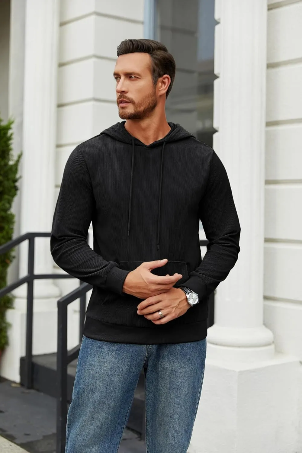 COOFANDY Mens Hooded Sweatshirt Long Sleeve Casual Corduroy Drawstring Pullover Hoodies with Pocket