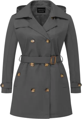 CREATMO US Women's Plus Size Trench Coat Double-Breasted Classic Lapel Overcoat Belted Outerwear Coat with Detachable Hood