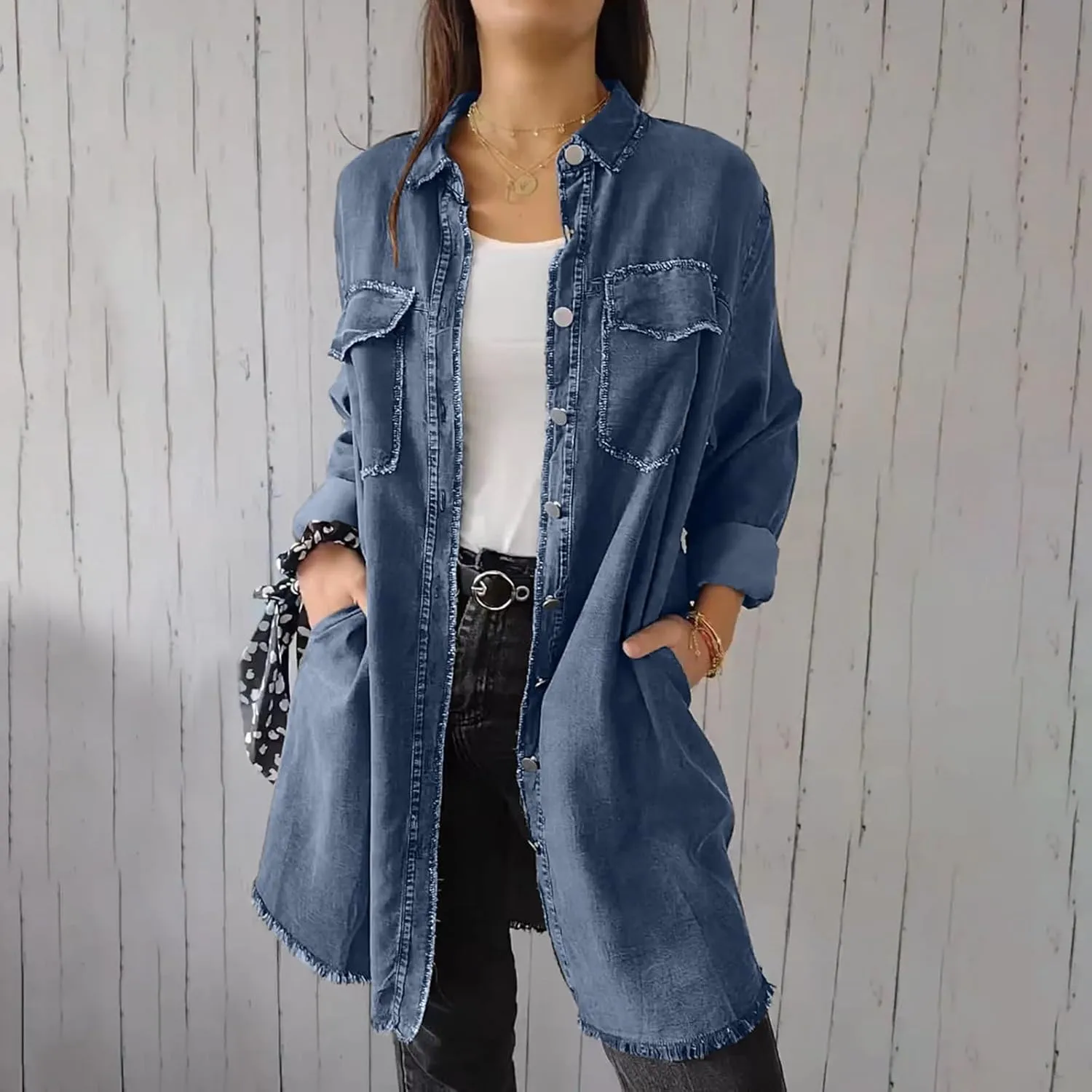Denim Trench Coat Women Classic Long Jean Jacket Plus Size Long Sleeve Button Down Open Front Cardigan Denim Jacket