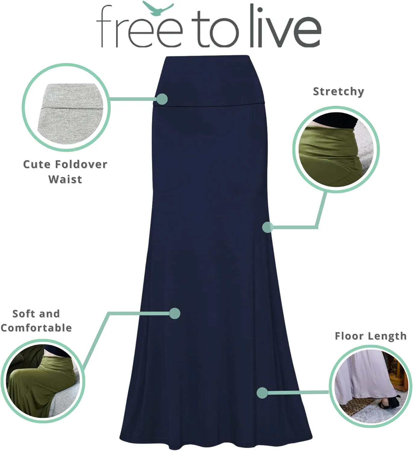 Free to Live 3 Pack Long Skirts for Women Fall Stretchy Flowy Maxi Skirt Dressy Casual for Work, Soft Fold Over High Waisted