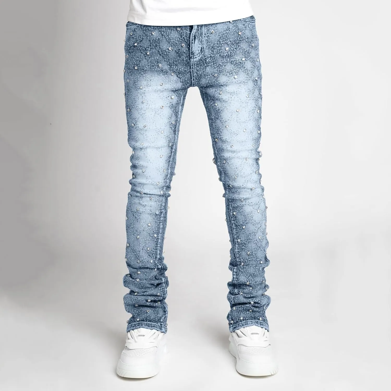 Jeans for Men Stretch Fit Skinny Stacked Rhinestone Jeans Slim Fit Printed Y2K Denim Pants Trousers Streetwear