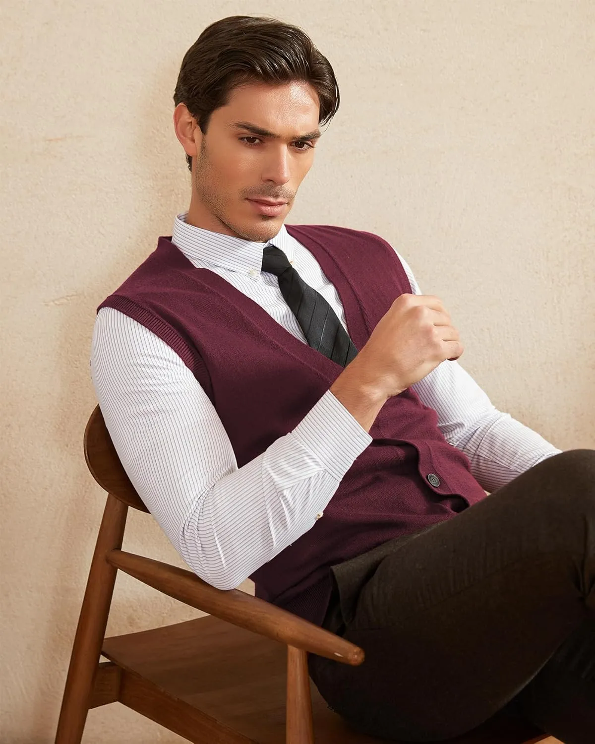 Kallspin Men's Sweater Vest Wool Blend V-Neck Button Sleeveless Cardigan Vest Sweater