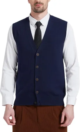 Kallspin Men's Sweater Vest Wool Blend V-Neck Button Sleeveless Cardigan Vest Sweater