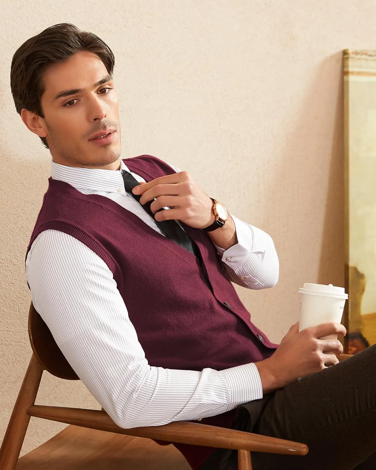 Kallspin Men's Sweater Vest Wool Blend V-Neck Button Sleeveless Cardigan Vest Sweater