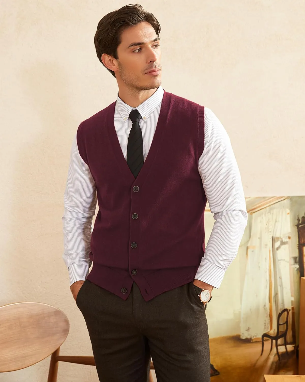 Kallspin Men's Sweater Vest Wool Blend V-Neck Button Sleeveless Cardigan Vest Sweater