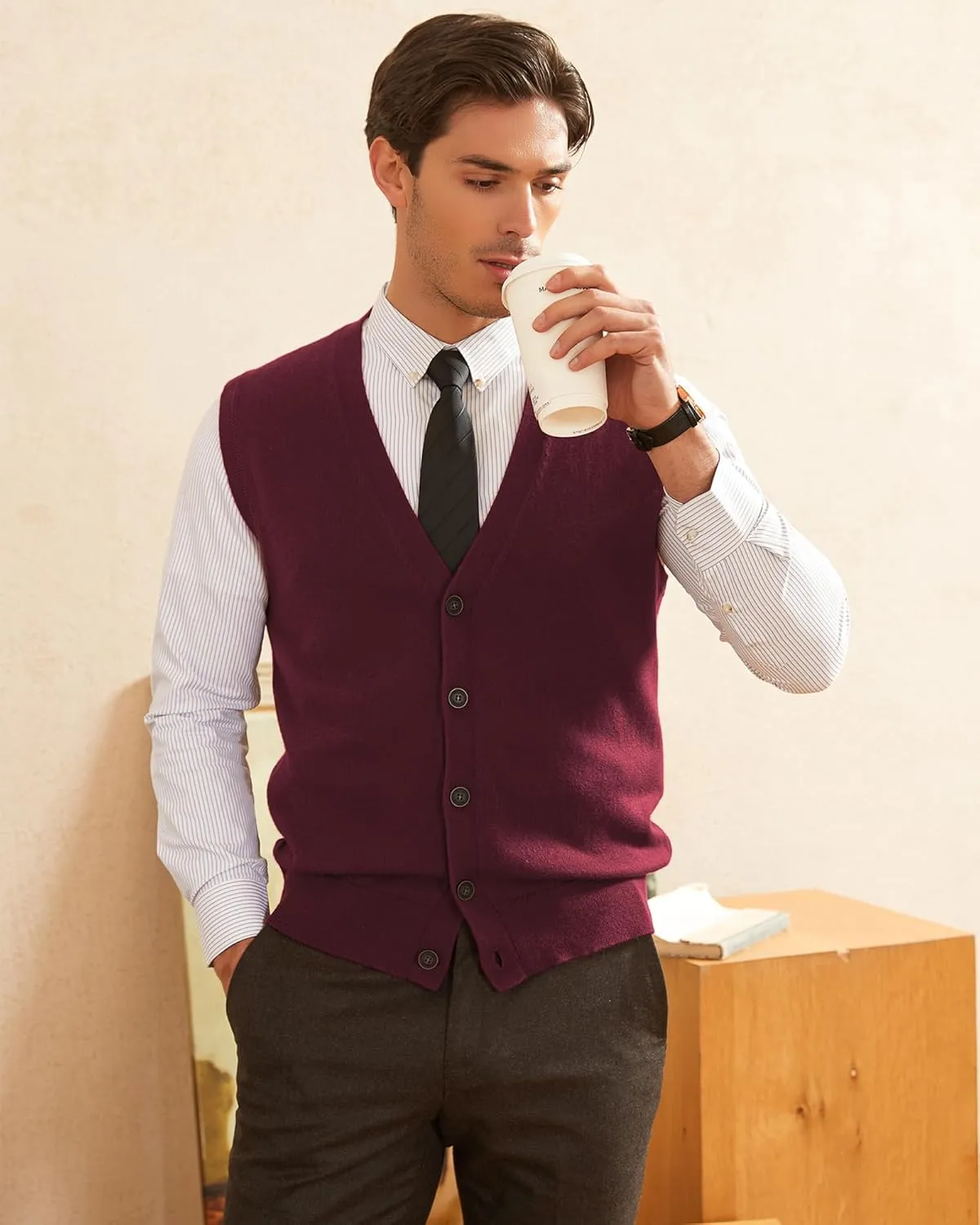 Kallspin Men's Sweater Vest Wool Blend V-Neck Button Sleeveless Cardigan Vest Sweater