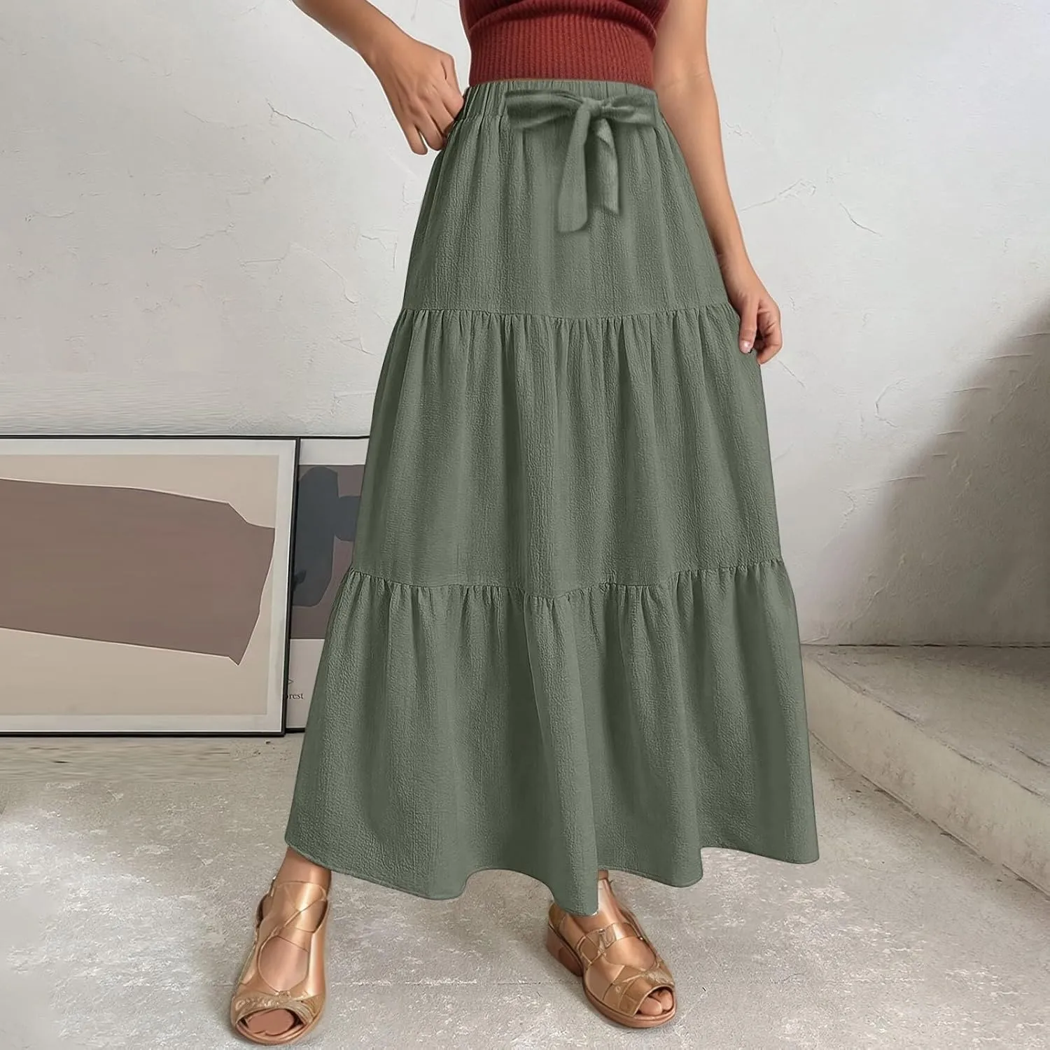Linen Maxi Skirts for Women Summer Trendy Boho Long Flowy Bow Tie Elastic High Waist Tiered Swing Pleated A Line Skirt