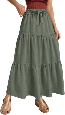 Linen Maxi Skirts for Women Summer Trendy Boho Long Flowy Bow Tie Elastic High Waist Tiered Swing Pleated A Line Skirt