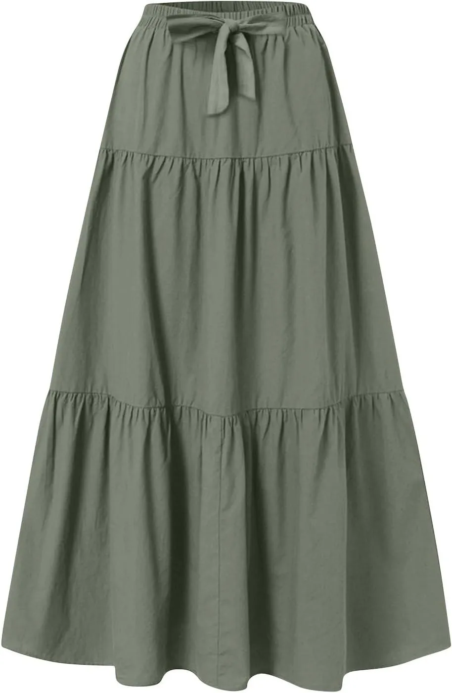 Linen Maxi Skirts for Women Summer Trendy Boho Long Flowy Bow Tie Elastic High Waist Tiered Swing Pleated A Line Skirt
