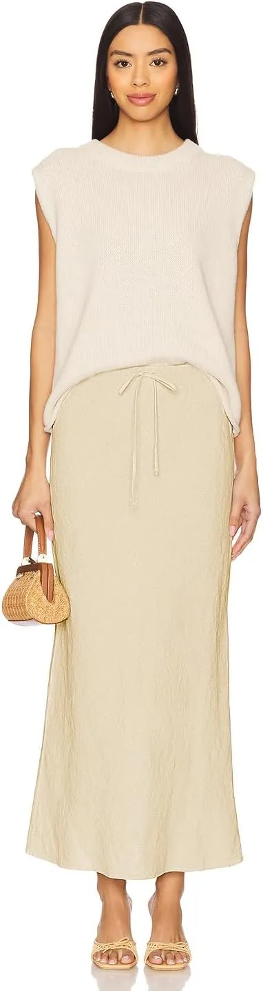 Linen Maxi Skirts with Lining Drawstring Flowy Flared Long Skirts for Women