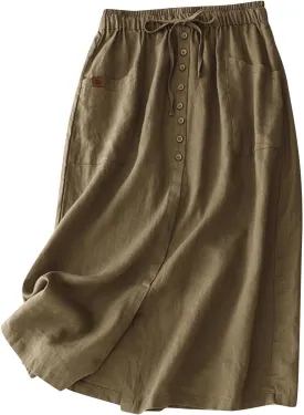 Linen Skirt for Women Summer Casual High Waisted A-Line Tie Waist Button Long Flowy Cotton Midi Skirts with Pockets Khaki