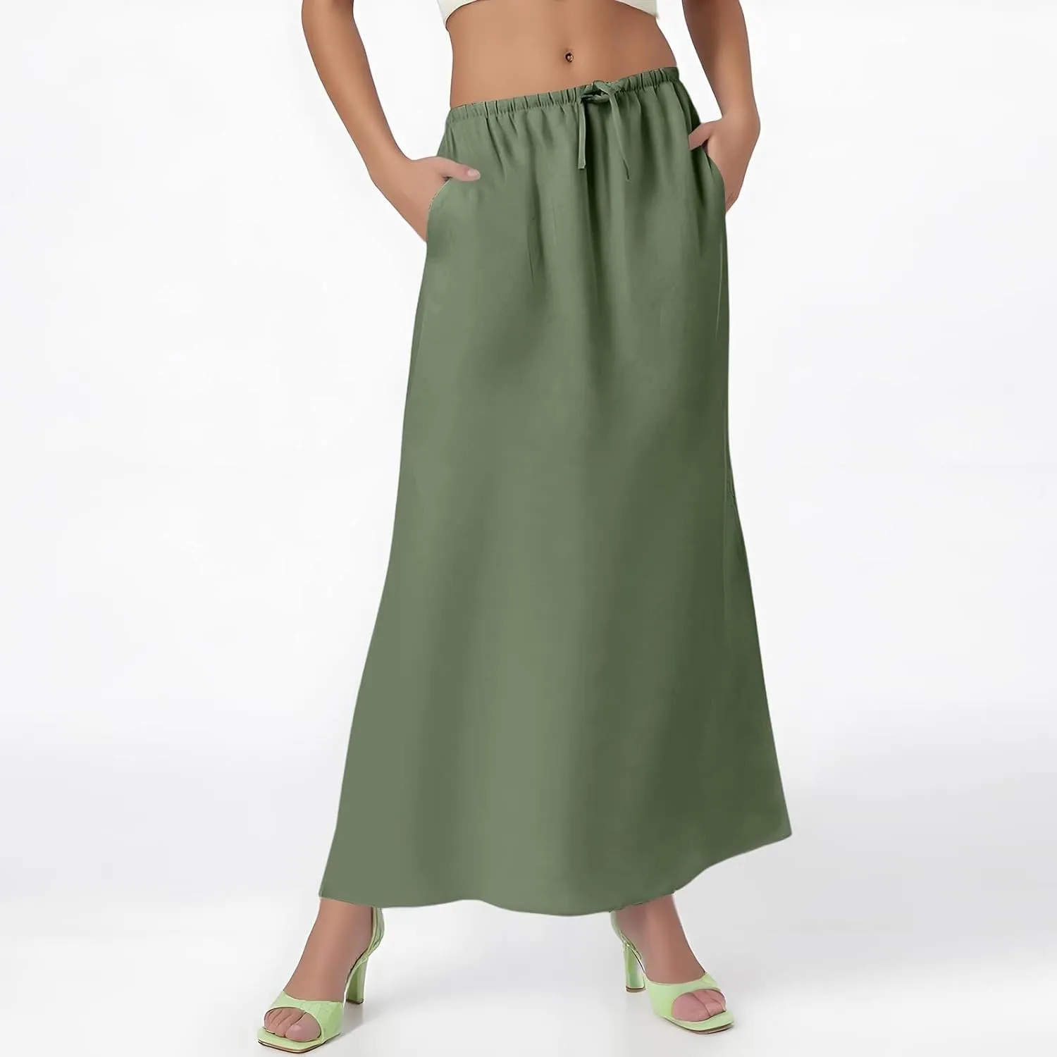 Linen Wrap Maxi Skirts for Women Trendy Summer Boho Long Low Rise Cotton Floor Length Skirt with Side Pockets