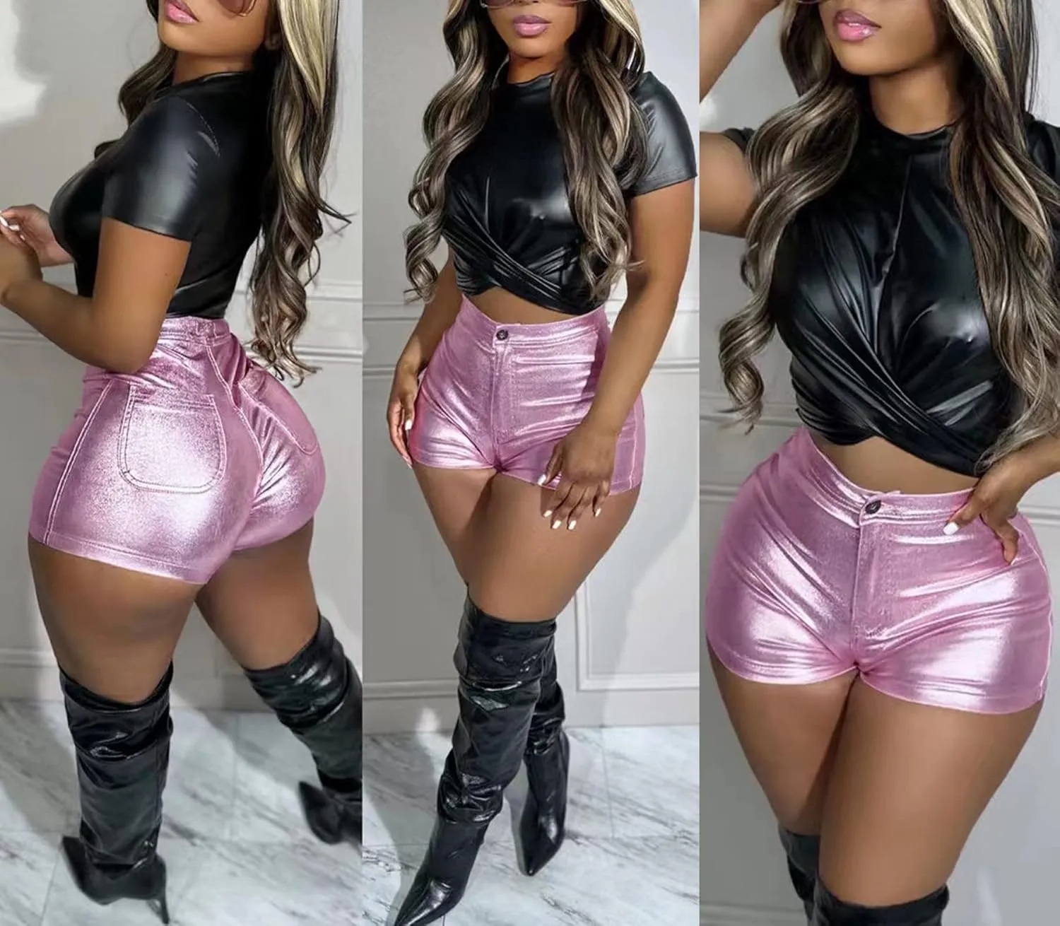 LKOUS Women's Faux Leather Shorts, Casual High Waisted Stretch PU Short Pants