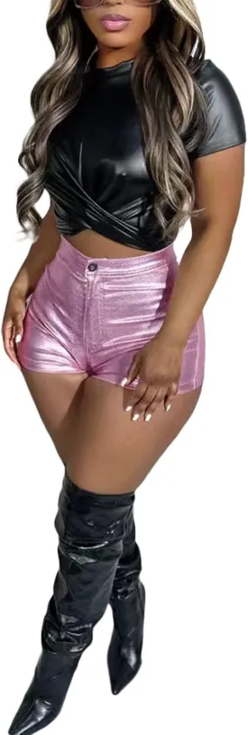 LKOUS Women's Faux Leather Shorts, Casual High Waisted Stretch PU Short Pants