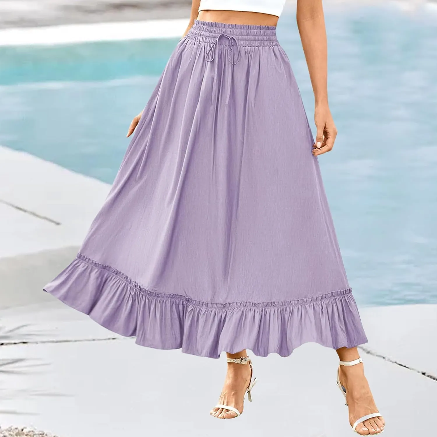 Maxi Skirt for Women High Waisted Boho Ruffle Flowy Long Skirts Summer Casual Swing A-Line Beach Travel Skirts