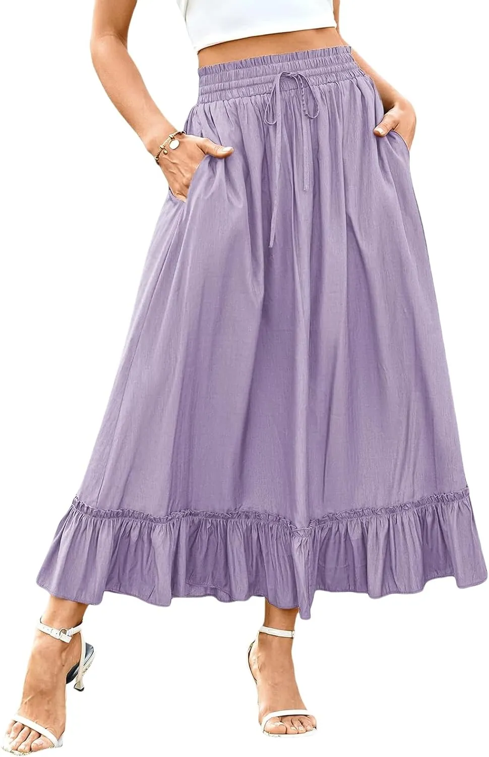 Maxi Skirt for Women High Waisted Boho Ruffle Flowy Long Skirts Summer Casual Swing A-Line Beach Travel Skirts