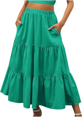 Maxi Skirts for Women Stretch Flowy Tiered Pleated Skirt Elastic Waist Summer Bohemian Ruched Skirts with Pockets