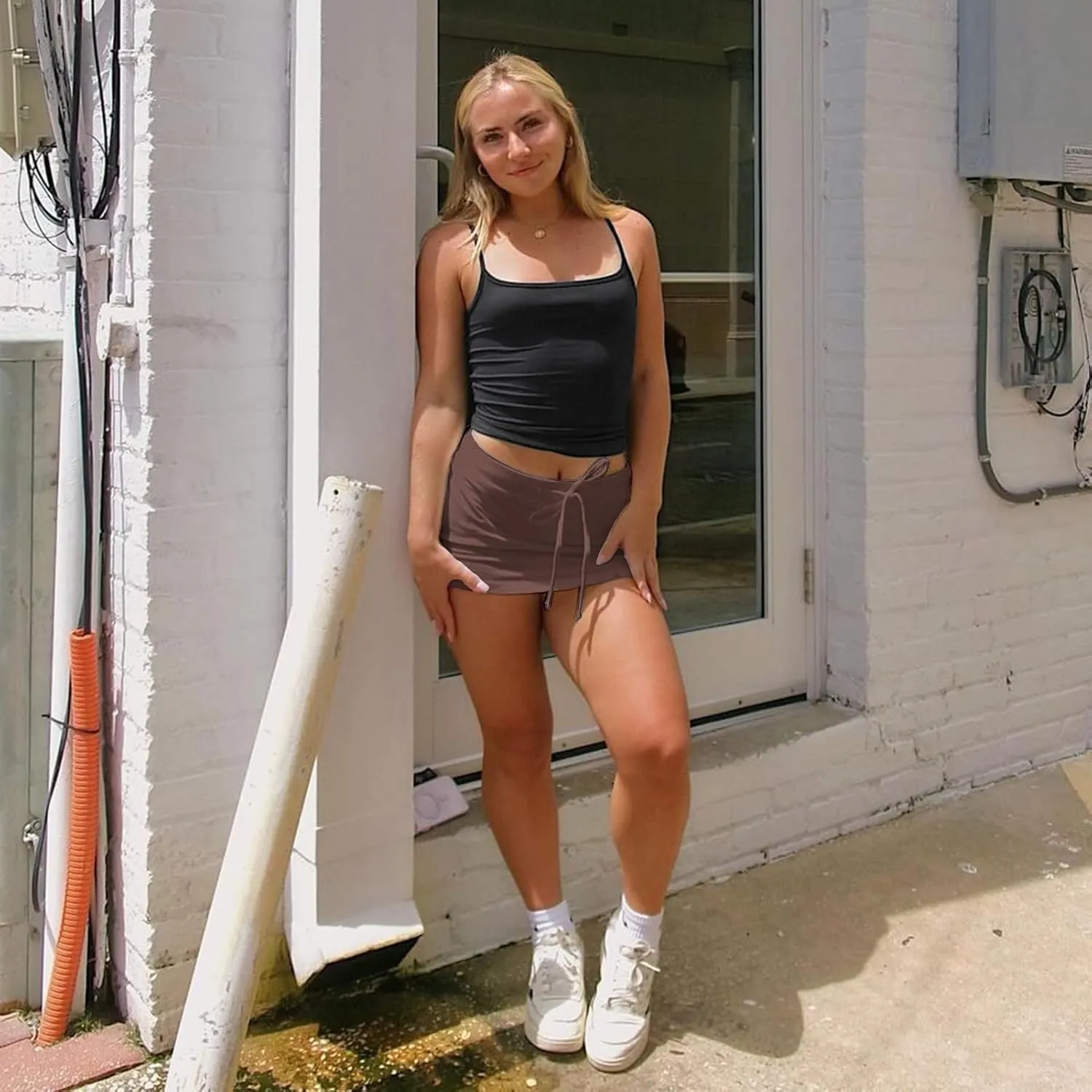 Mini Skorts for Women - Sexy Drawstring Mid Waist Side Split Y2K Bodycon Pencil Mini Skirt with Shorts