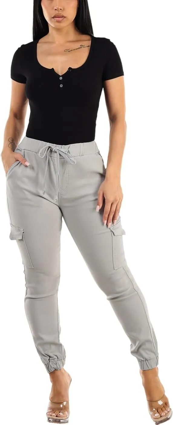 Moda Xpress Women's Juniors Stretchy High Waisted Relaxed Fit Casual Cargo Denim Jogger Jeans and Pants for Women