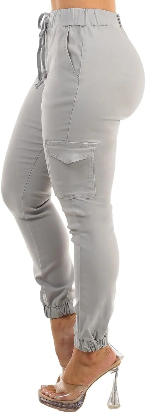Moda Xpress Women's Juniors Stretchy High Waisted Relaxed Fit Casual Cargo Denim Jogger Jeans and Pants for Women