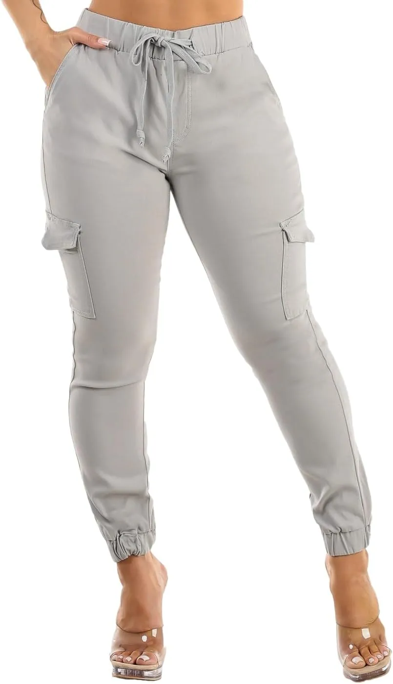 Moda Xpress Women's Juniors Stretchy High Waisted Relaxed Fit Casual Cargo Denim Jogger Jeans and Pants for Women