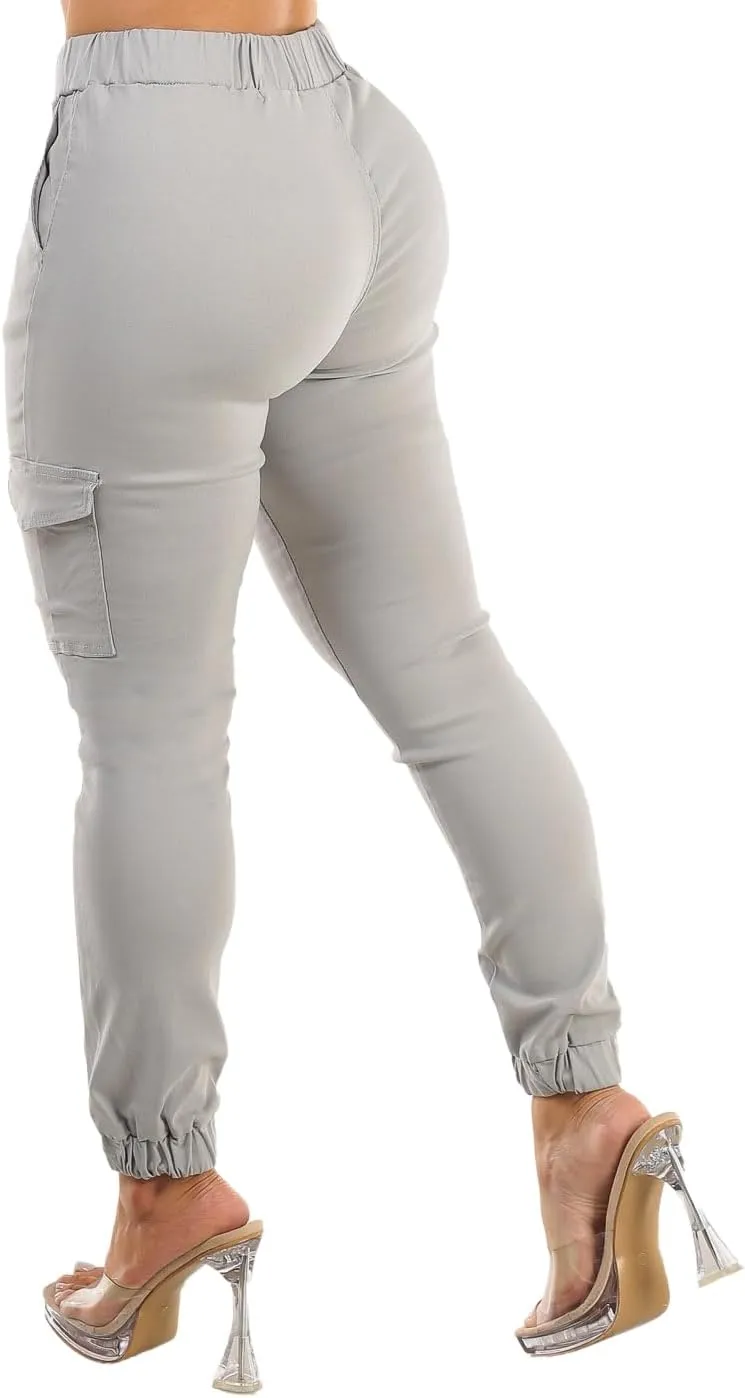 Moda Xpress Women's Juniors Stretchy High Waisted Relaxed Fit Casual Cargo Denim Jogger Jeans and Pants for Women
