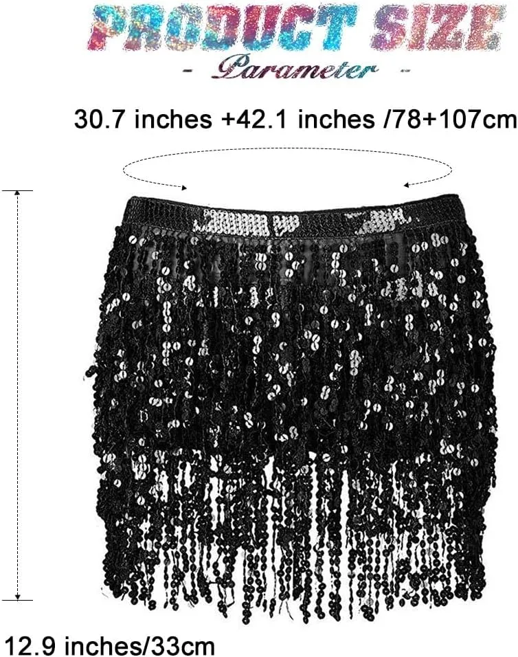 REETAN Fringe Sequin Skirt Belly Dance Sparkly Tassel Skirts for Women