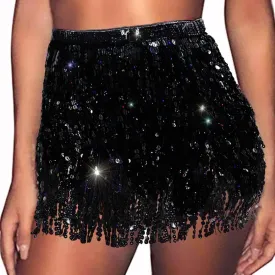 REETAN Fringe Sequin Skirt Belly Dance Sparkly Tassel Skirts for Women