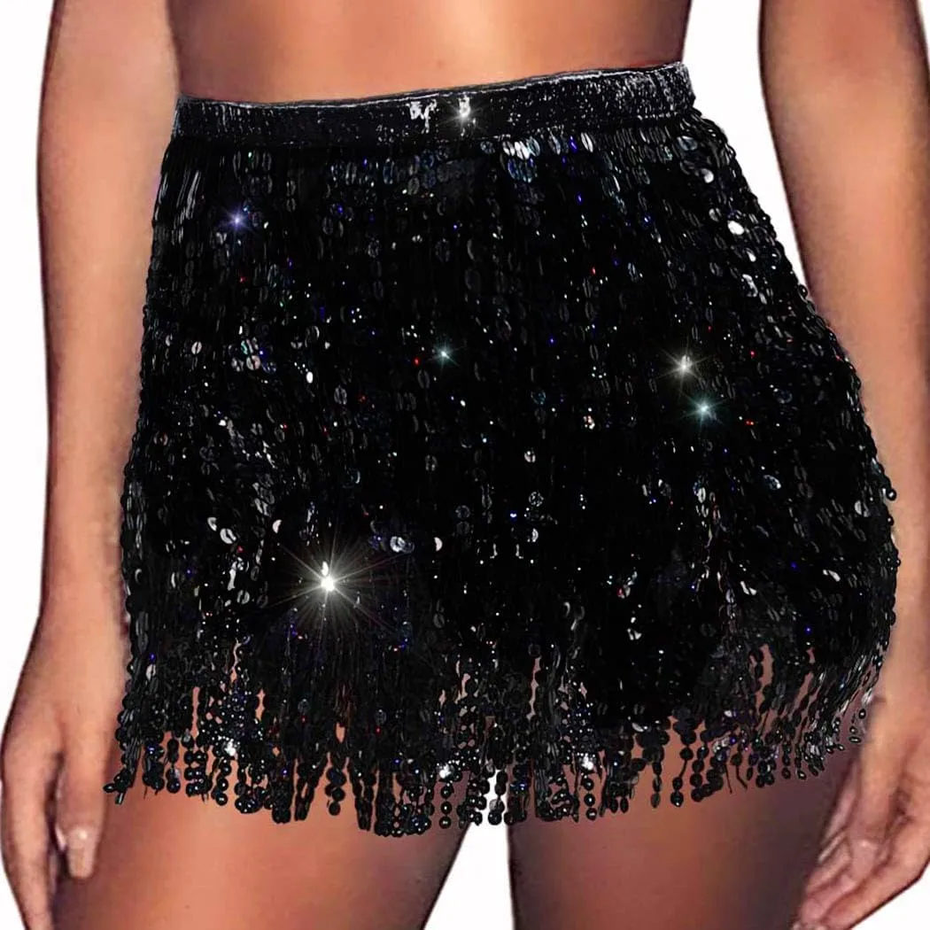 REETAN Fringe Sequin Skirt Belly Dance Sparkly Tassel Skirts for Women