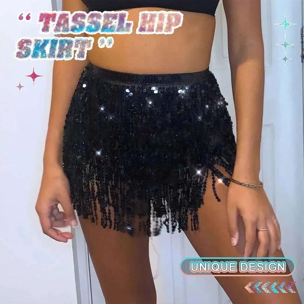 REETAN Fringe Sequin Skirt Belly Dance Sparkly Tassel Skirts for Women