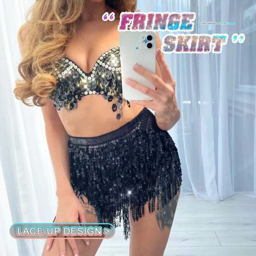 REETAN Fringe Sequin Skirt Belly Dance Sparkly Tassel Skirts for Women