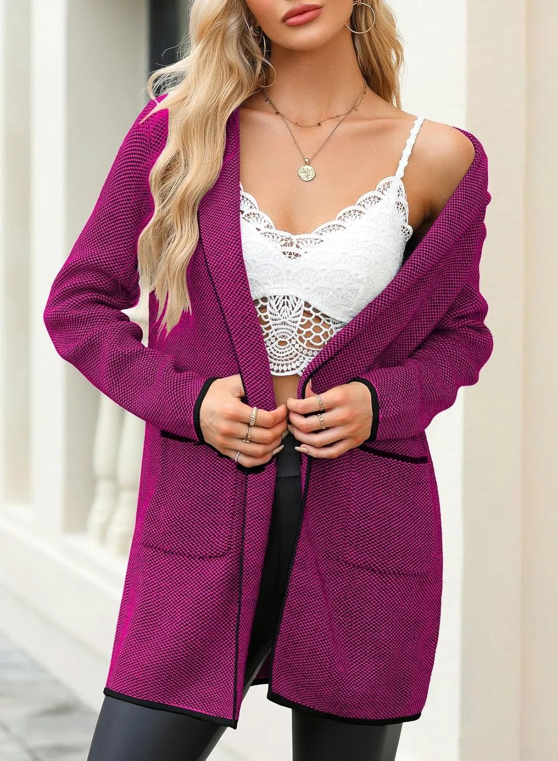 Sidefeel Women's 2025 Fall Long Sleeve Open Front Contrast Cardigan Sweaters Oversized Chunky Knit Hooded Sweaters Coat