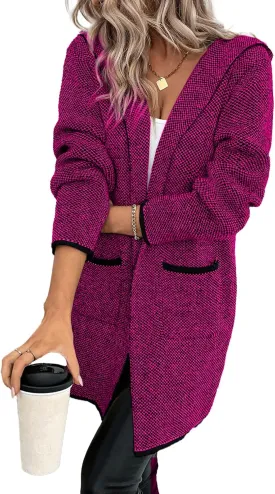 Sidefeel Women's 2025 Fall Long Sleeve Open Front Contrast Cardigan Sweaters Oversized Chunky Knit Hooded Sweaters Coat