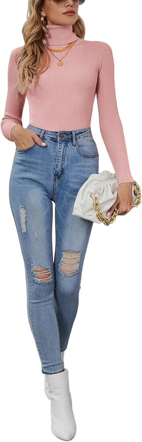 Turtleneck Sweaters for Women Ribbed Sweater Jumpers Knit Tops