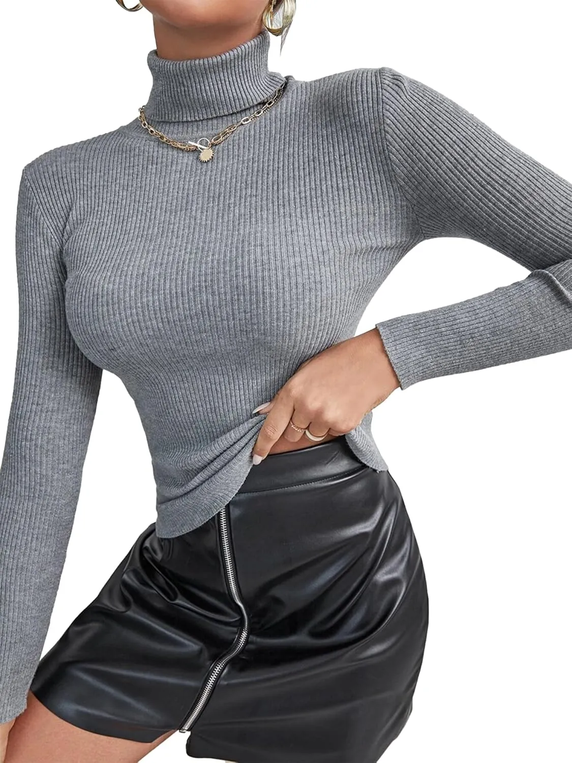 Turtleneck Sweaters for Women Ribbed Sweater Jumpers Knit Tops
