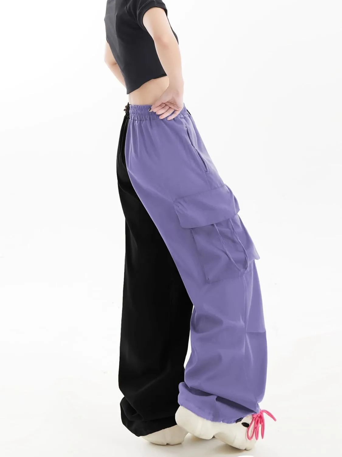 Women Cargo Pants Patchwork Y2K Streetwear Baggy Drawstring Elastic Parachute Pants