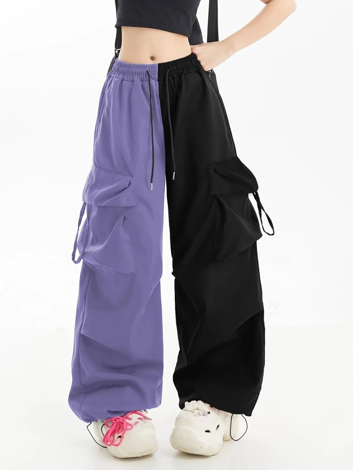 Women Cargo Pants Patchwork Y2K Streetwear Baggy Drawstring Elastic Parachute Pants