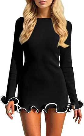 Women Long Sleeve Knit Mini Dress Ruffle Hem Bodycon Sweater Dress for Fall Casual Wear